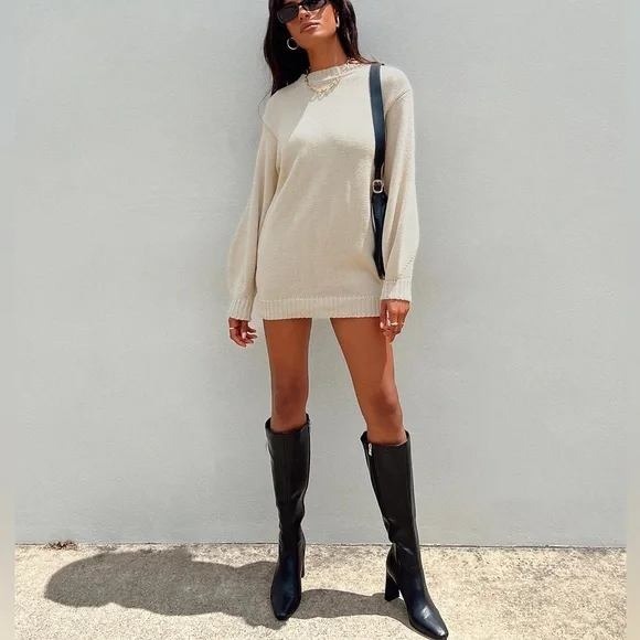 Princess Polly Dresses & Skirts - Princess Polly Cream Chunky Knit Sweater Dress Balloon Sleeve US 8 T77517U-09-F